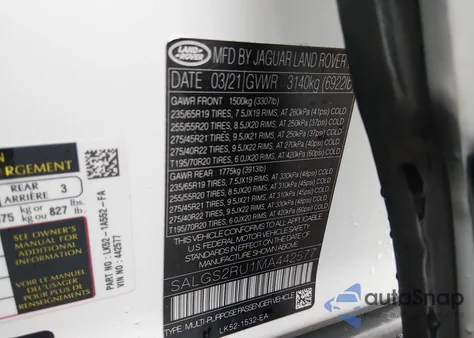 2021 Land Rover Range Rover Westminster z USA, uszkodzony, nr VIN SALGS2RU1MA442577